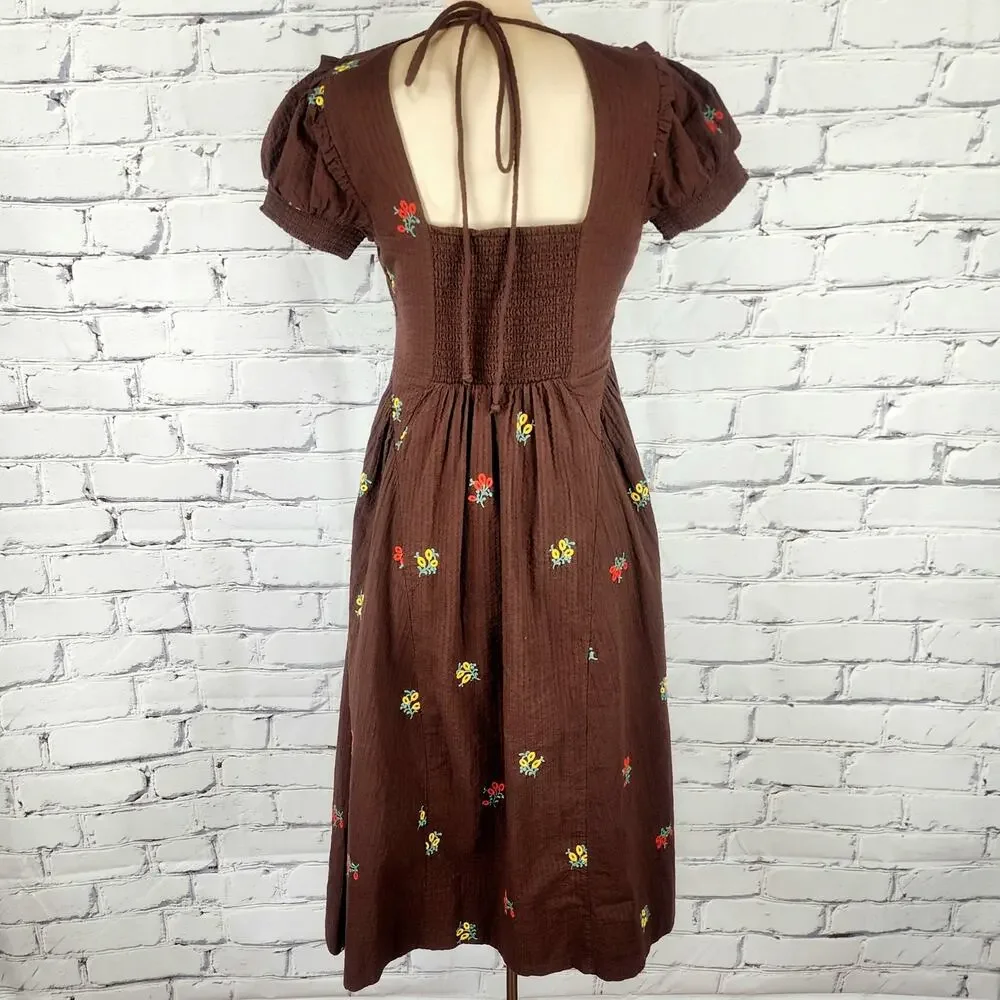 Free People Dress Maisie Midi Brown Floral Boho Embroidered size XS Cottage Core - Picture 4 of 13
